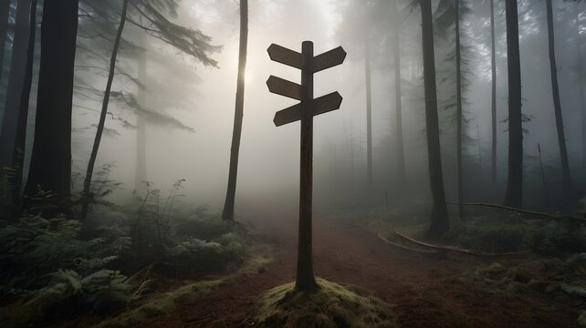 Find your way with a rustic wooden signpost pointing in multiple directions in a dreamy foggy forest landscape, perfect for adventure and travel concepts