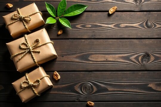 Rustic wooden backdrop, aged packages tied with twine , parcel, package