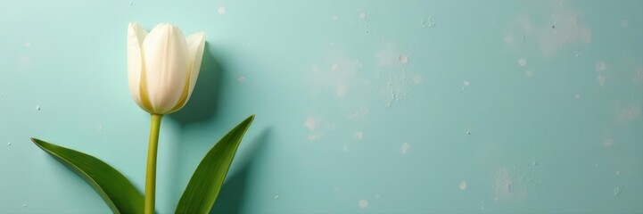 Naklejka premium Single white tulip, green leaves, textured wall backdrop, isolated, elegant composition