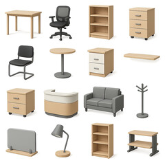 3d office furniture icon set featuring desk, chair, bookcase, cabinet, and lamp designs
