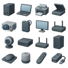 3d technology icon set featuring computer, laptop, printer, scanner, projector, monitor, router, mouse, usb