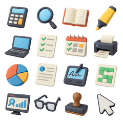 3d office icons set featuring calculator, magnifier, notebook, highlighter, laptop, checklist, calendar