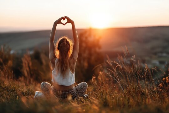 Rear view of young woman making heart shape with her hands while sitting in grass field at sunset