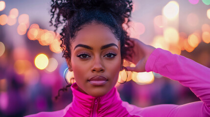 Vibrant Portrait of Confident Young Woman in Bright Pink Activewear Against Blurry Backdrop of Shimmering Bokeh Lights