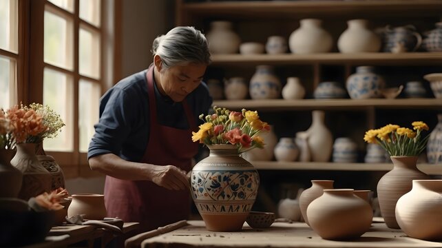 Artisan woman arranging colorful flowers in a beautiful handmade vase in her pottery studio filled with her beautiful artwork - Powered by Adobe