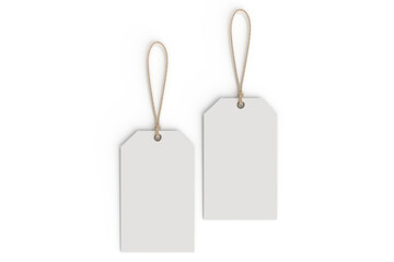 3D realistic mockup of blank hanging tags with strings, isolated on  background. Perfect template for branding, label design, packaging, fashion, retail, shopping, wedding tag, gift tag, souvenir