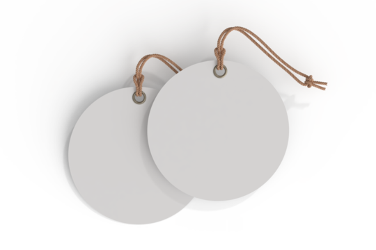 3D blank circle cardboard paper hang tags, price tags or cloth labels mockup with string isolated on background. Tag realistic template for presents branding, shopping label, wedding tag, gift tag