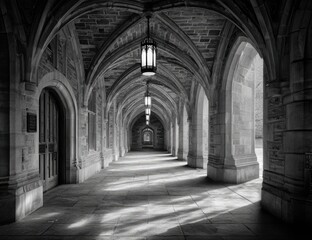 Obraz premium Monochrome photograph of a long, stone-arched corridor, sunlight streaming in, highlighting the architectural details and creating a sense of depth and perspective