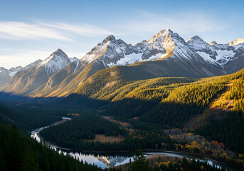 Majestic snow capped mountains bathed in golden sunlight with a winding river below