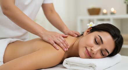Fototapeta premium Massaging. Woman lying on couch on Thai massage. Body relaxing treatment. Back manual therapy