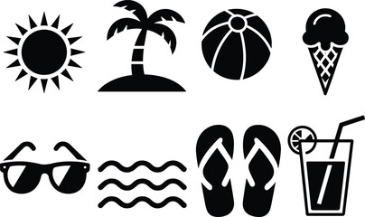 Summer icons collection – sun, palm tree, beach ball, ice cream, sunglasses, waves, flip-flops, tropical drink vector symbols