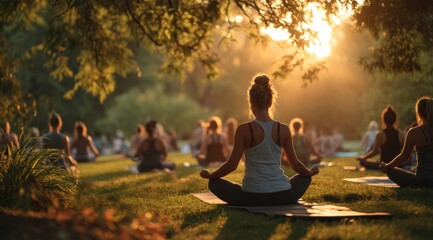 Large group of yoga practitioners meditating outdoors at sunset in a beautiful park, enjoying the fresh air and sunlight