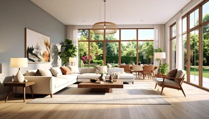 Fototapeta premium Luxurious Modern Living Room with Large Windows and Garden View