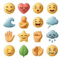 3d emoji icon set featuring smile, heart, yawn, laugh, wave, star, and cloud symbols