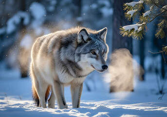 Obraz premium Gray Wolf in Winter – A Majestic Hunter of the Frozen Forest