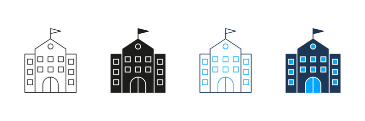 School Building Line And Solid Icon Set. Educational Institution, Learning Center, And Academic Facility Symbol Collection. Architecture And Campus Design. Isolated Vector Illustration