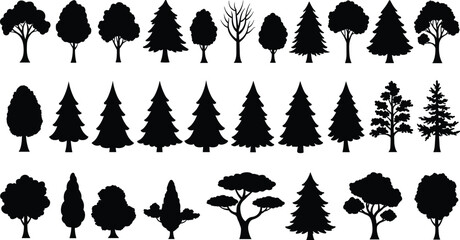 Variety of black silhouette tree icons – deciduous and coniferous trees, different shapes and sizes, vector nature elements set