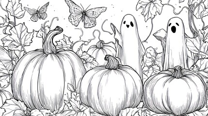 Halloween monochrome coloring page pumpkins, ghosts, butterflies, and foliage