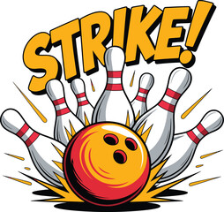 Dynamic illustration of a bowling ball hitting pins with a bold strike text graphic capturing the excitement of a perfect game © LailaArtworks