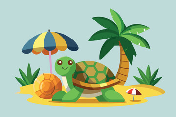 Cartoon turtle on a beach with palm tree and umbrellas