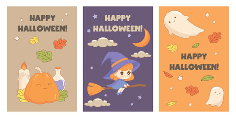 Kawaii halloween poster bundle with pumkin, witch and ghost. Vector illustration for party decorations, posters and cards.