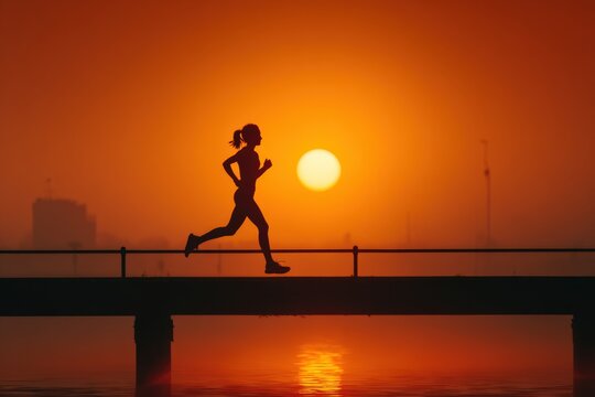Silhouette of a sportswoman running across a bridge over water, illuminated by a vibrant sunset sky filled with orange hues - Powered by Adobe