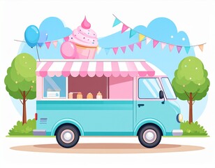 Cute Pastel Ice Cream Truck Vector Illustration in Park