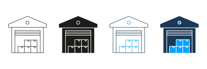 Warehouse Storage Facility Line And Solid Icon Set. Inventory Management And Logistics Symbol Collection. Efficient Supply Chain And Distribution Center Representation. Isolated Vector Illustration