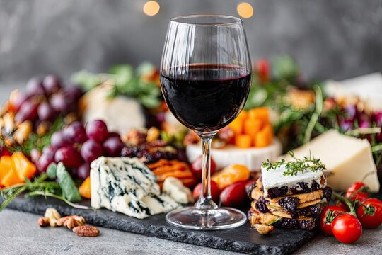Gourmet cheese and fruit platter with wine glass - Powered by Adobe