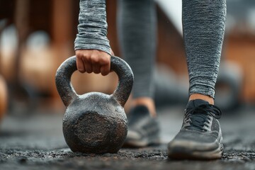 Athlete lifting a kettlebell during an intense outdoor workout, showcasing exceptional strength and fitness levels while training hard