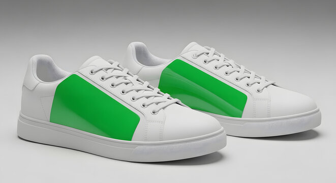 Side view of a pair of blank white sneakers with a green panel mockup for branding design