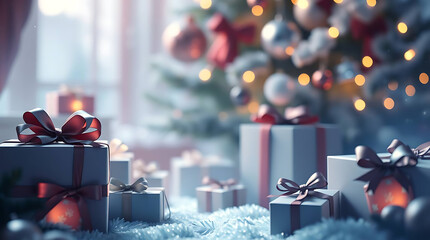 Christmas presents A magical holiday celebration with festive gifts and shimmering decorations creating a joyous x-Mas atmosphere.
