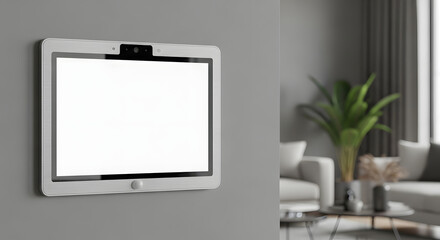 Modern smart home assistant panel with a blank white screen, wall-mounted for user interface mockup.