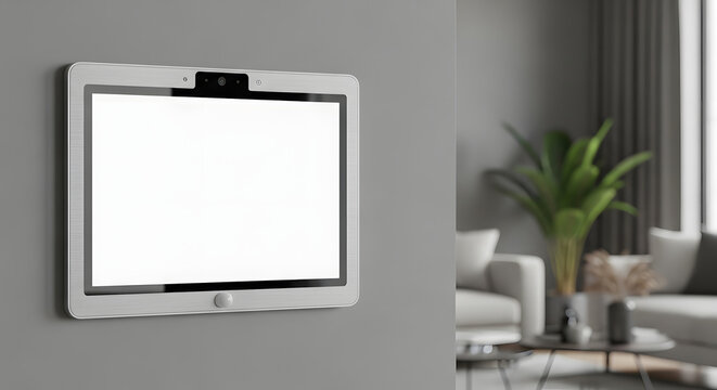 Modern smart home assistant panel with a blank white screen, wall-mounted for user interface mockup. - Powered by Adobe