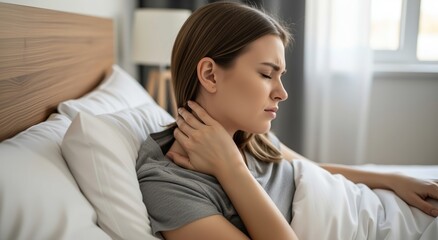 Woman in bed feeling neck pain after sleep with discomfort and stiffness from poor sleeping posture in morning at home bedroom