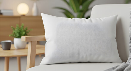 Blank white throw pillow mockup resting on a modern armchair in a cozy living room interior.