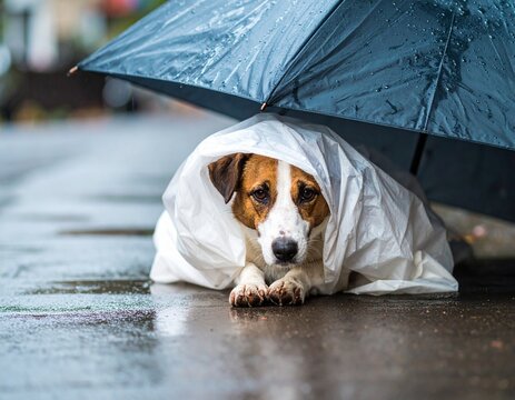 Stray dog sheltering under plastic sheet during rain, water droplets sliding down,
