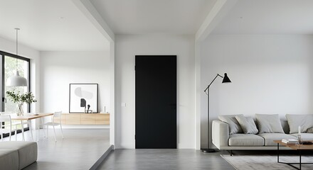 Monochromatic Harmony: A Bold Black Door Anchors a Serene, Modern Interior