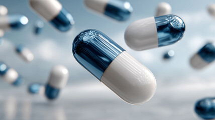 Close-up of glossy blue and white capsules floating in mid-air against a soft sky background. Concept of pharmaceuticals, healthcare, medical treatment, and modern drug innovation