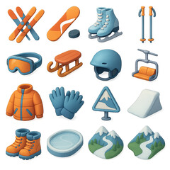 3d winter sports icon set featuring skis, snowboard, skates, sled, helmet, and snow boots