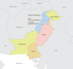 Detailed map of Pakistan with administrative divisions and borders of neighboring countries, vector illustration on white background