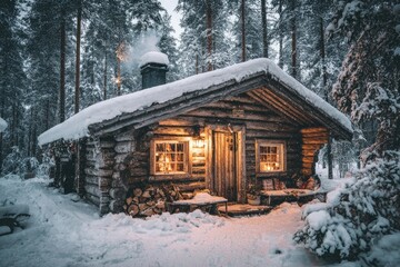 Rustic log cabin in snowy forest.  Warm light shines from inside