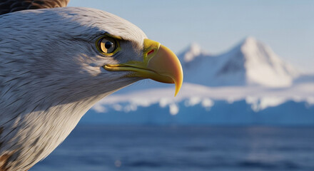  Hyperrealistic Professional Photography of a Bald Eagle Soaring Over Snowy Glaciers — Ultra-Detailed Close-Up Highlighting Feather Texture, Piercing Sharp Eyes, Soft Cinematic Lighting with Balanced 