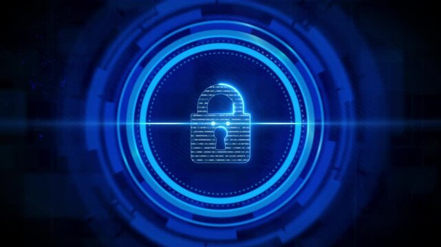 Digital Lock Security Data Encryption Binary Code Cyber Protection Technology Abstract Blue Glow Futuristic Interface Network Access Control