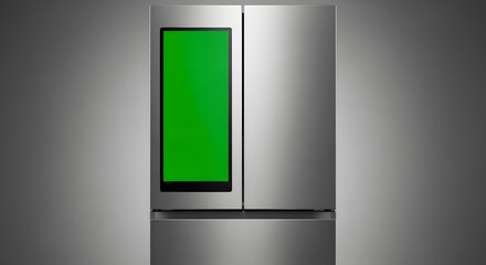 Front view of a smart refrigerator door with a blank green screen for a digital mockup