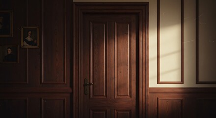 Obraz premium Mysterious Light on a Closed Door in a Vintage Hall with Portraits
