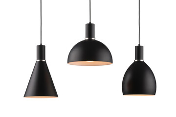 Three modern black pendant lights with illuminated interiors isolated on transparent background
