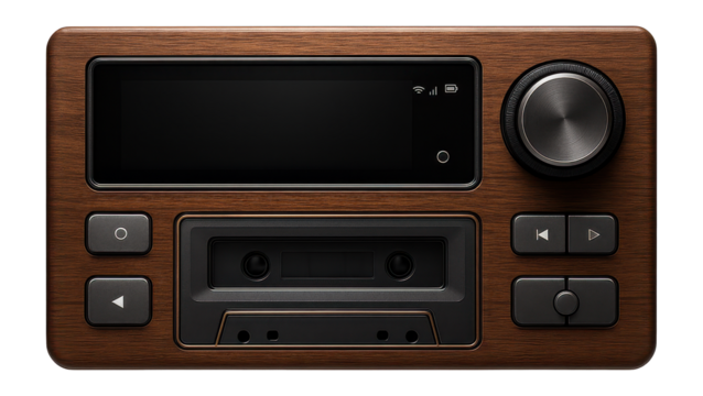 In-dash multimedia center with a vintage woodgrain finish and cassette player