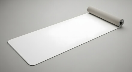 Blank white yoga mat partially rolled out on a plain gray background for mockup presentation.