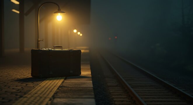 Mysterious Departure: Solitary Suitcase on a Foggy, Lamplit Train Platform